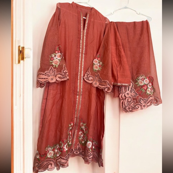 Elegant Peach Embroidered Long Dress 3Pc - Picture 6 of 9